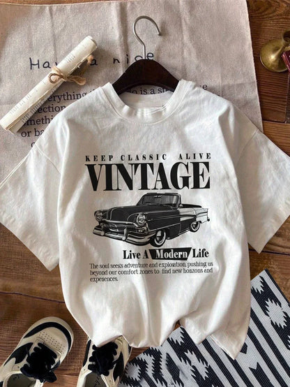Vintage Car Print Women T-Shirts  Breathable Comfortable Short Sleeve