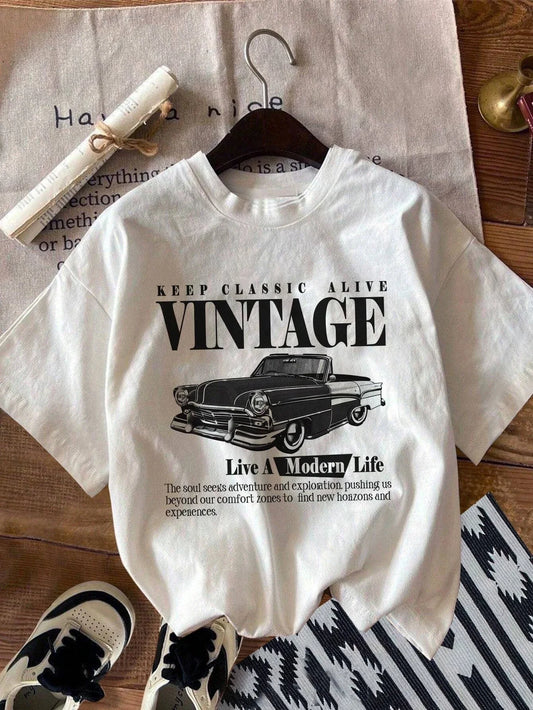 Vintage Car Print Women T-Shirts  Breathable Comfortable Short Sleeve